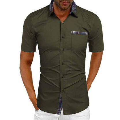 Men's Short Sleeve Shirt with Plaid Trim and Chest Pocket