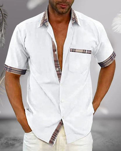 Men's Short Sleeve Shirt with Plaid Trim and Chest Pocket