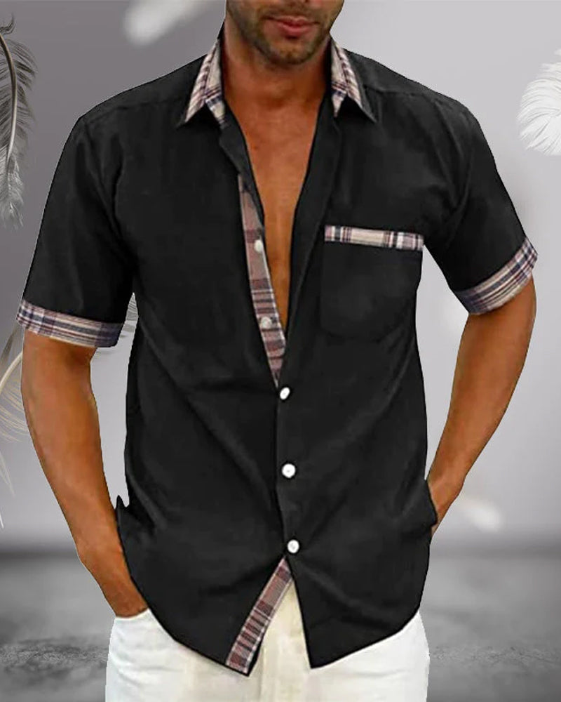 Men's Short Sleeve Shirt with Plaid Trim and Chest Pocket