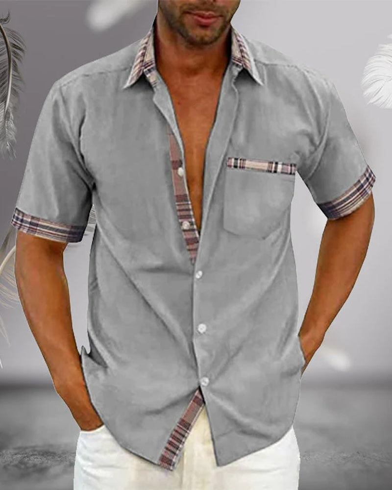 Men's Short Sleeve Shirt with Plaid Trim and Chest Pocket
