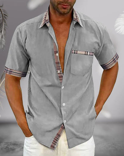 Men's Short Sleeve Shirt with Plaid Trim and Chest Pocket