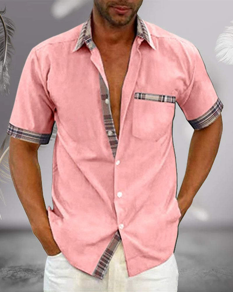 Men's Short Sleeve Shirt with Plaid Trim and Chest Pocket