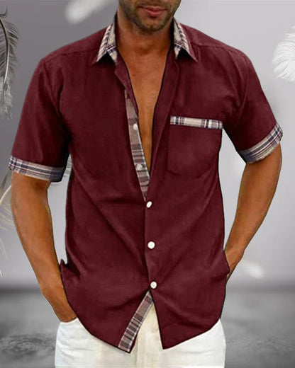 Men's Short Sleeve Shirt with Plaid Trim and Chest Pocket