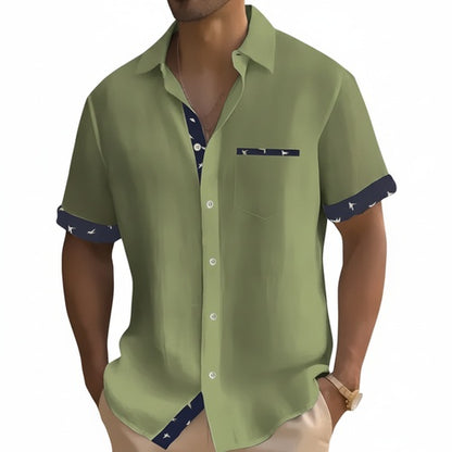 Men's Short Sleeve Shirt with Point Collar and Contrast Trim Detail