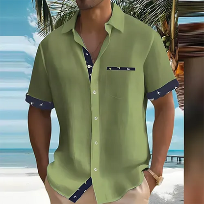 Men's Short Sleeve Shirt with Point Collar and Contrast Trim Detail