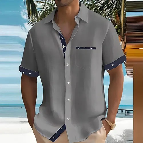 Men's Short Sleeve Shirt with Point Collar and Contrast Trim Detail