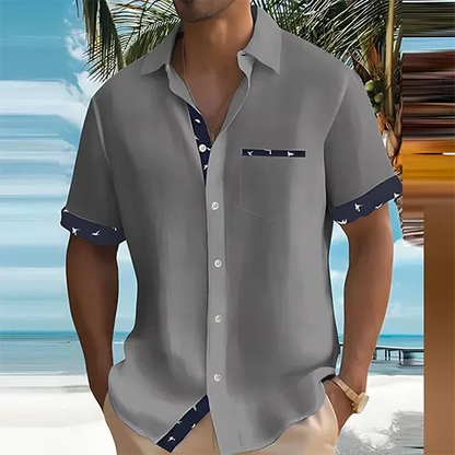 Men's Short Sleeve Shirt with Point Collar and Contrast Trim Detail