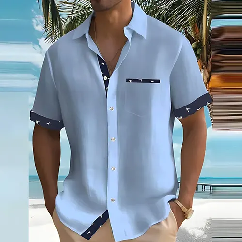 Men's Short Sleeve Shirt with Point Collar and Contrast Trim Detail