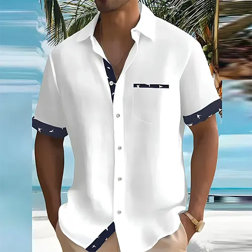 Men's Short Sleeve Shirt with Point Collar and Contrast Trim Detail