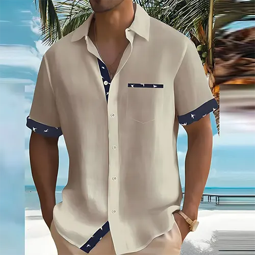 Men's Short Sleeve Shirt with Point Collar and Contrast Trim Detail