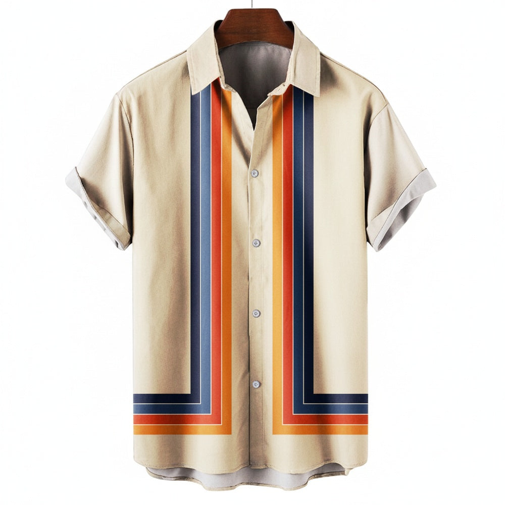 Men's Short Sleeve Shirt with Retro Stripe Print and Button Closure