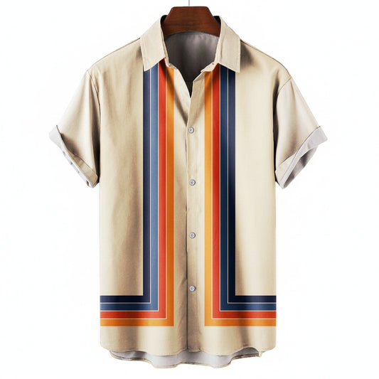 Men's Short Sleeve Shirt with Retro Stripe Print and Button Closure