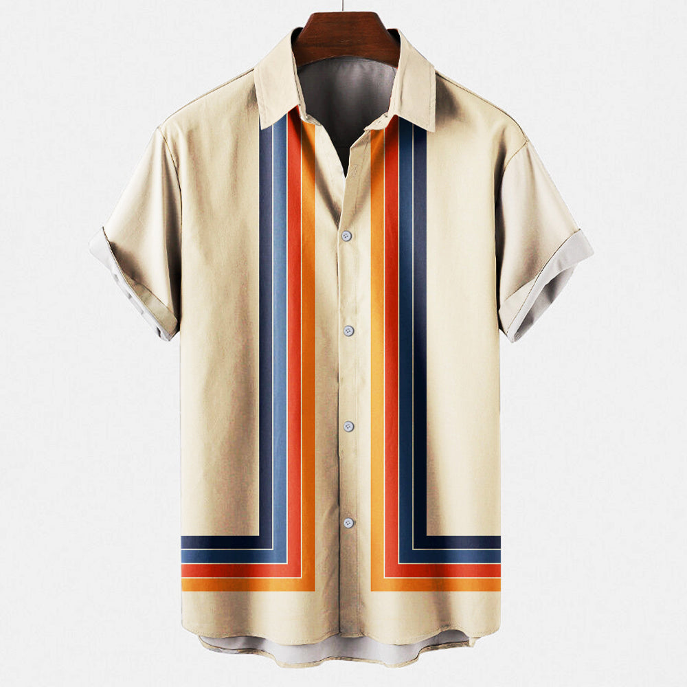 Men's Short Sleeve Shirt with Retro Stripe Print and Button Closure