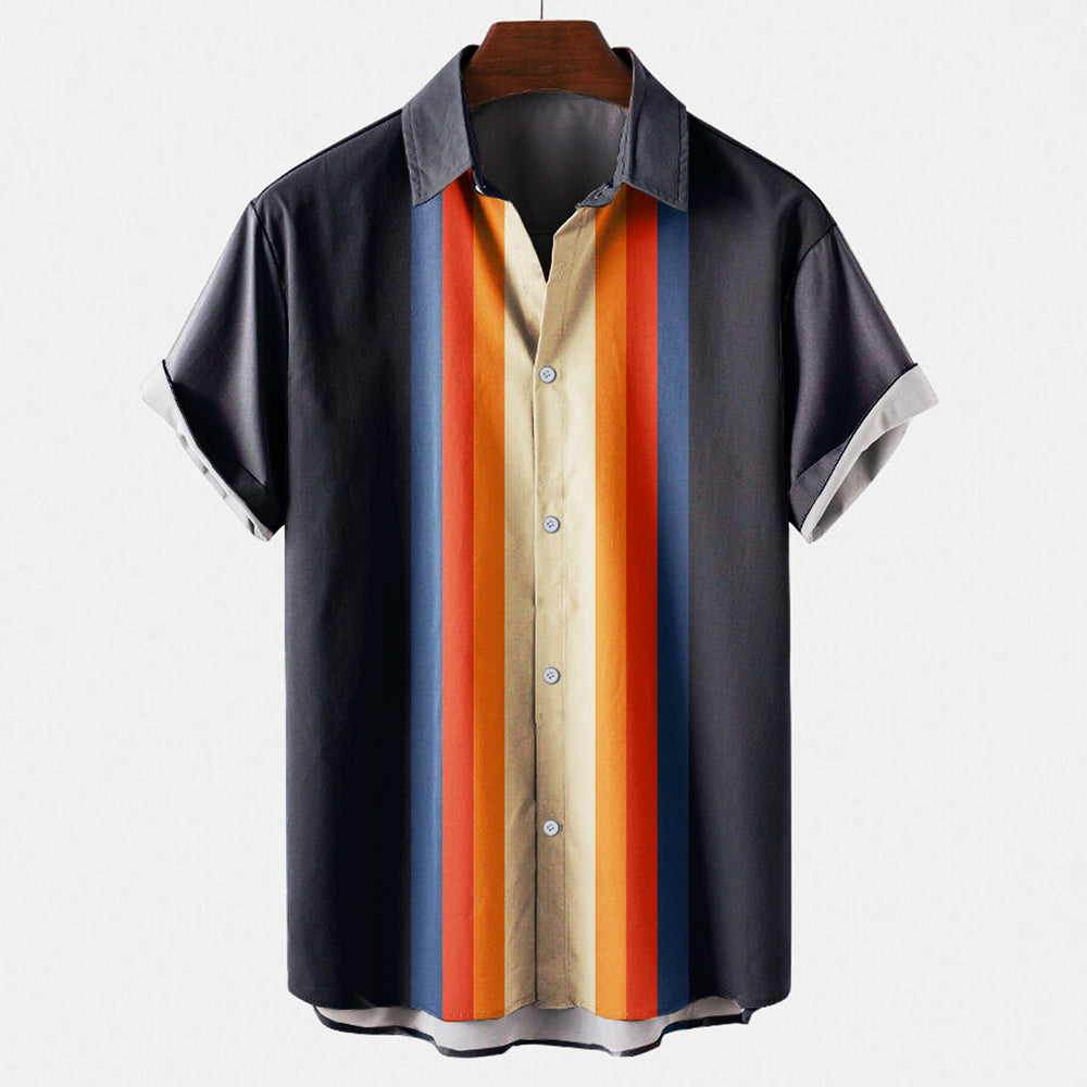 Men's Short Sleeve Shirt with Retro Stripe Print and Button Closure