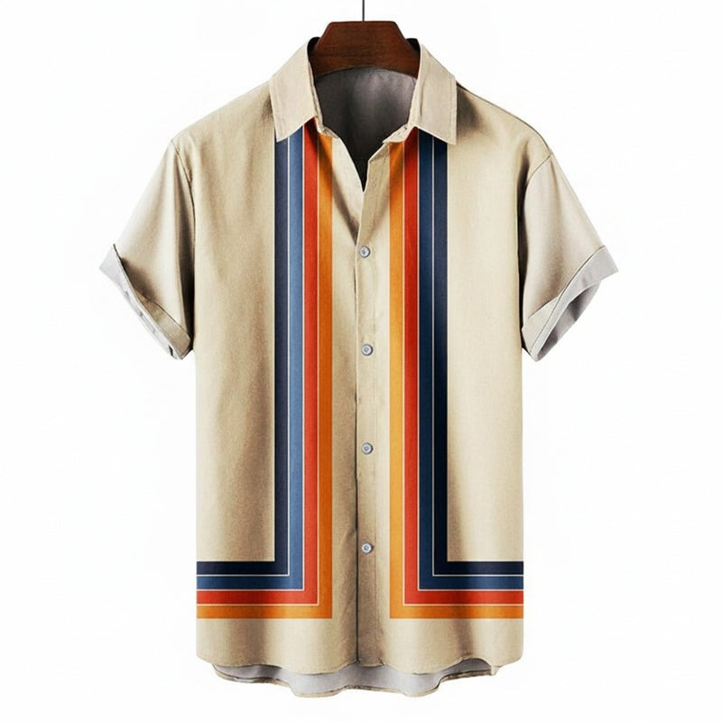 Men's Short Sleeve Shirt with Retro Stripe Print and Button Front