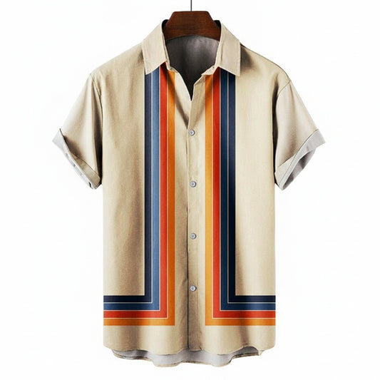 Men's Short Sleeve Shirt with Retro Stripe Print and Button Front