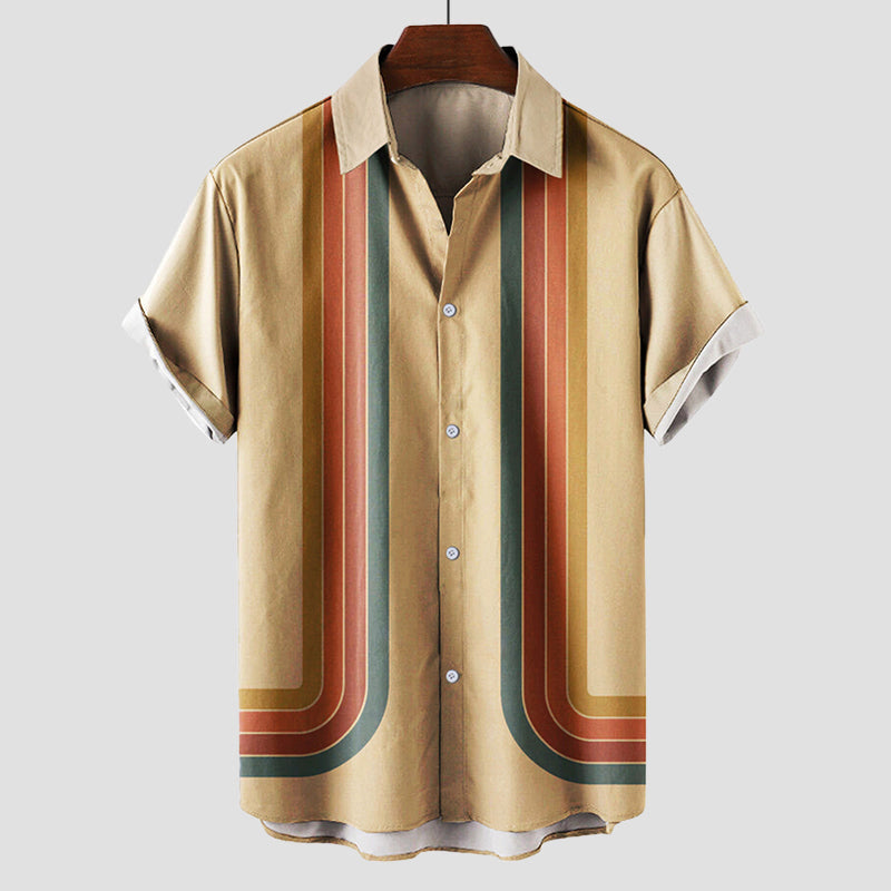 Men's Short Sleeve Shirt with Retro Stripe Print and Button Front