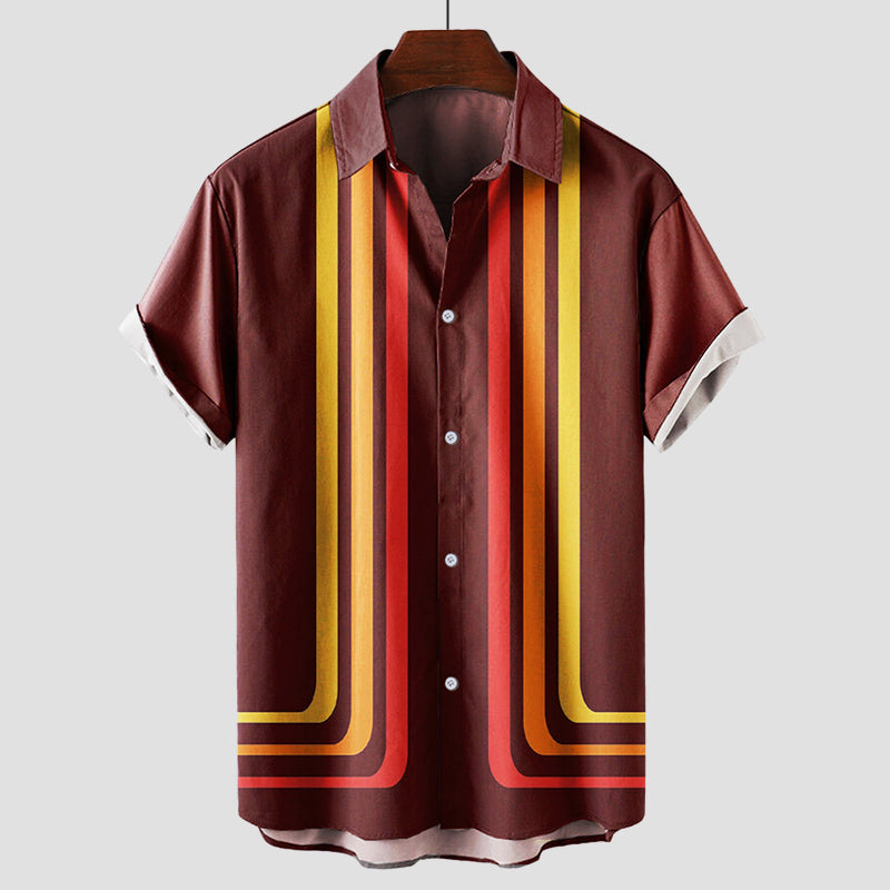 Men's Short Sleeve Shirt with Retro Stripe Print and Button Front