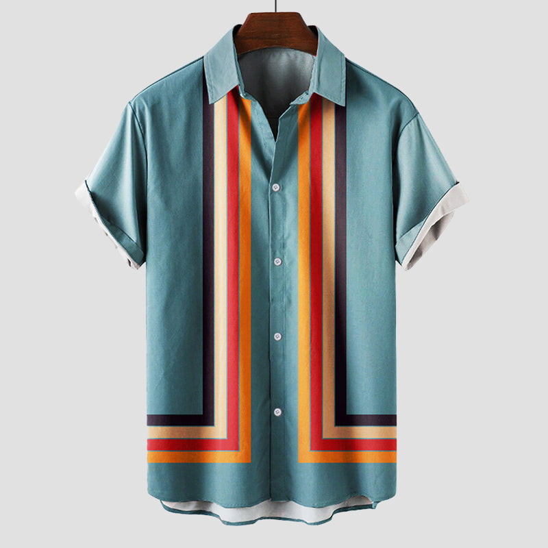 Men's Short Sleeve Shirt with Retro Stripe Print and Button Front