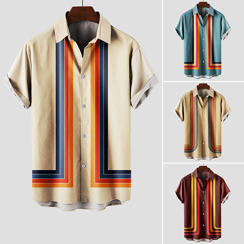Men's Short Sleeve Shirt with Retro Stripe Print and Button Front