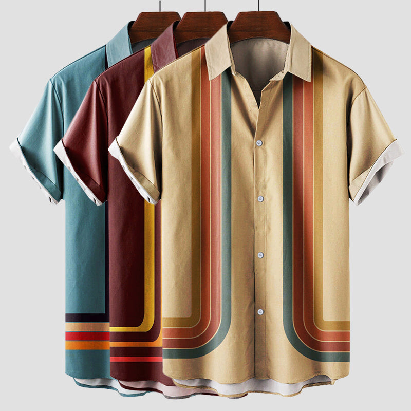 Men's Short Sleeve Shirt with Retro Stripe Print and Button Front