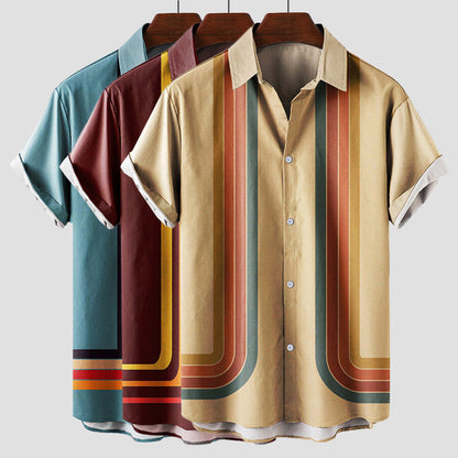 Men's Short Sleeve Shirt with Retro Stripe Print and Button Front