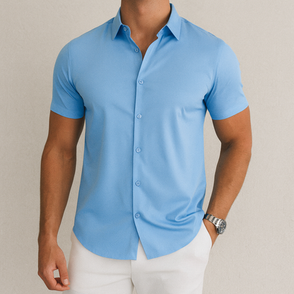 Men's Short Sleeve Shirt with Spread Collar and Slim Fit Button-Up