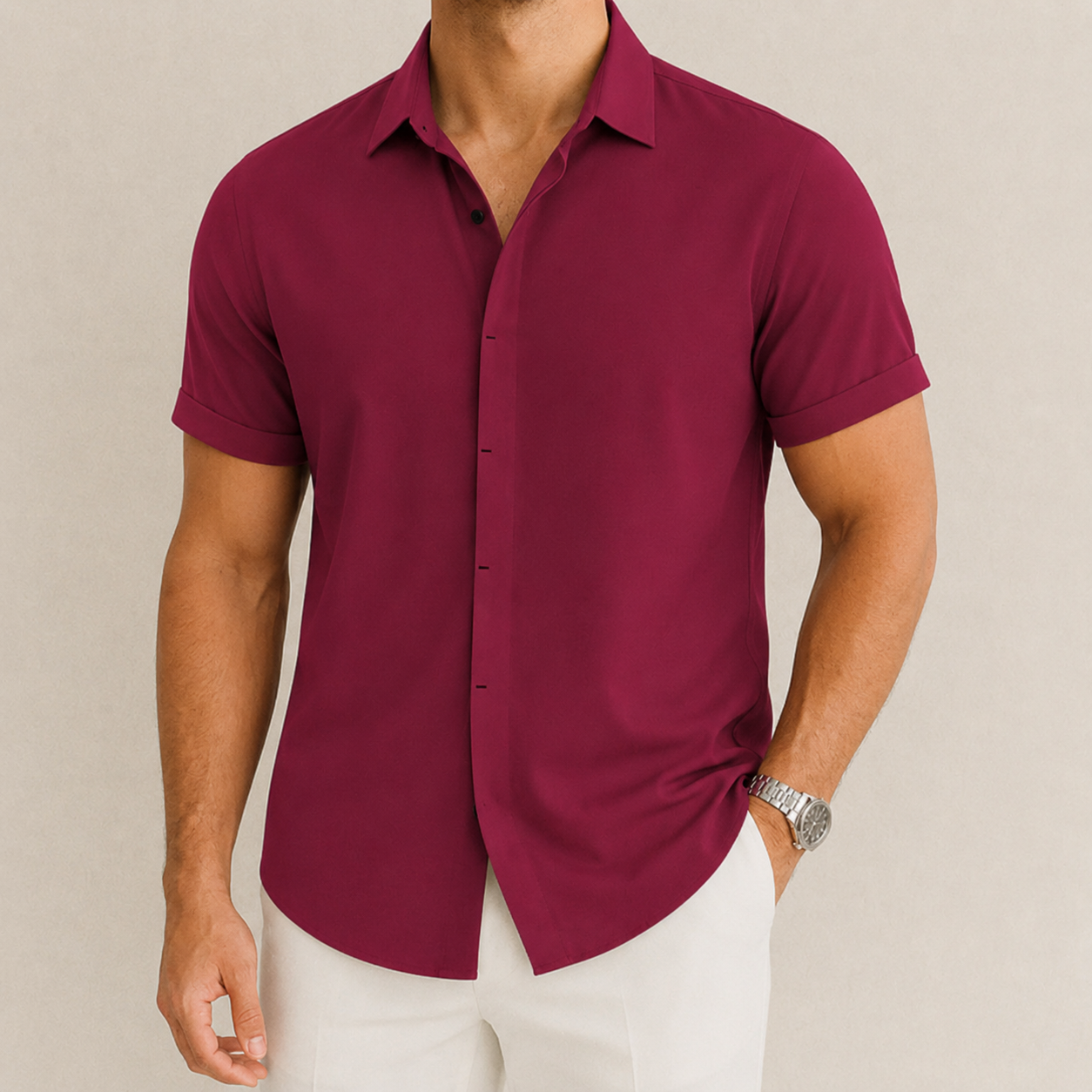 Men's Short Sleeve Shirt with Spread Collar and Slim Fit Button-Up