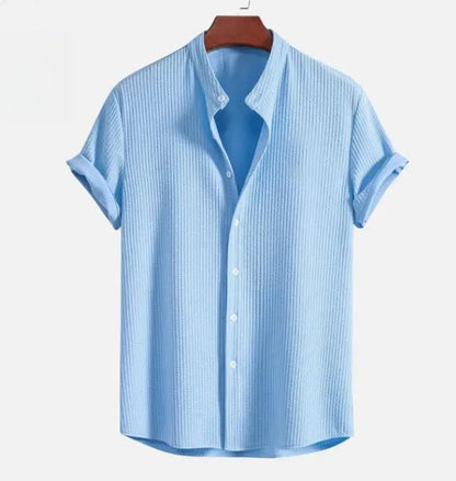 Men's Short Sleeve Shirt with Stand Collar and Button Closure