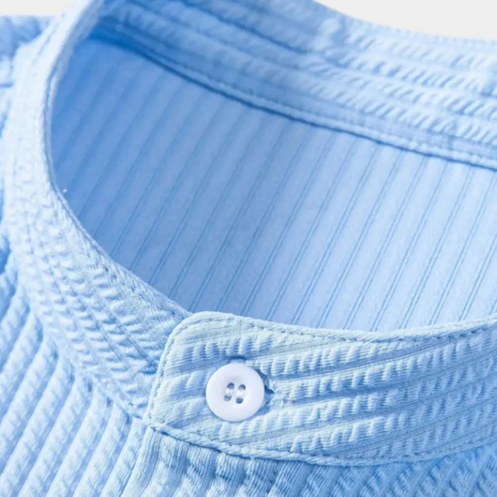 Men's Short Sleeve Shirt with Stand Collar and Button Closure