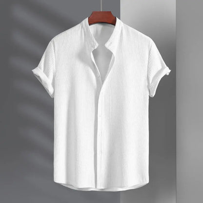 Men's Short Sleeve Shirt with Stand Collar and Button Closure