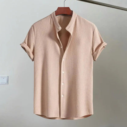 Men's Short Sleeve Shirt with Stand Collar and Button Closure