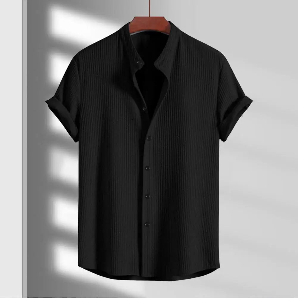 Men's Short Sleeve Shirt with Stand Collar and Button Closure