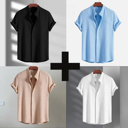 Men's Short Sleeve Shirt with Stand Collar and Button Closure