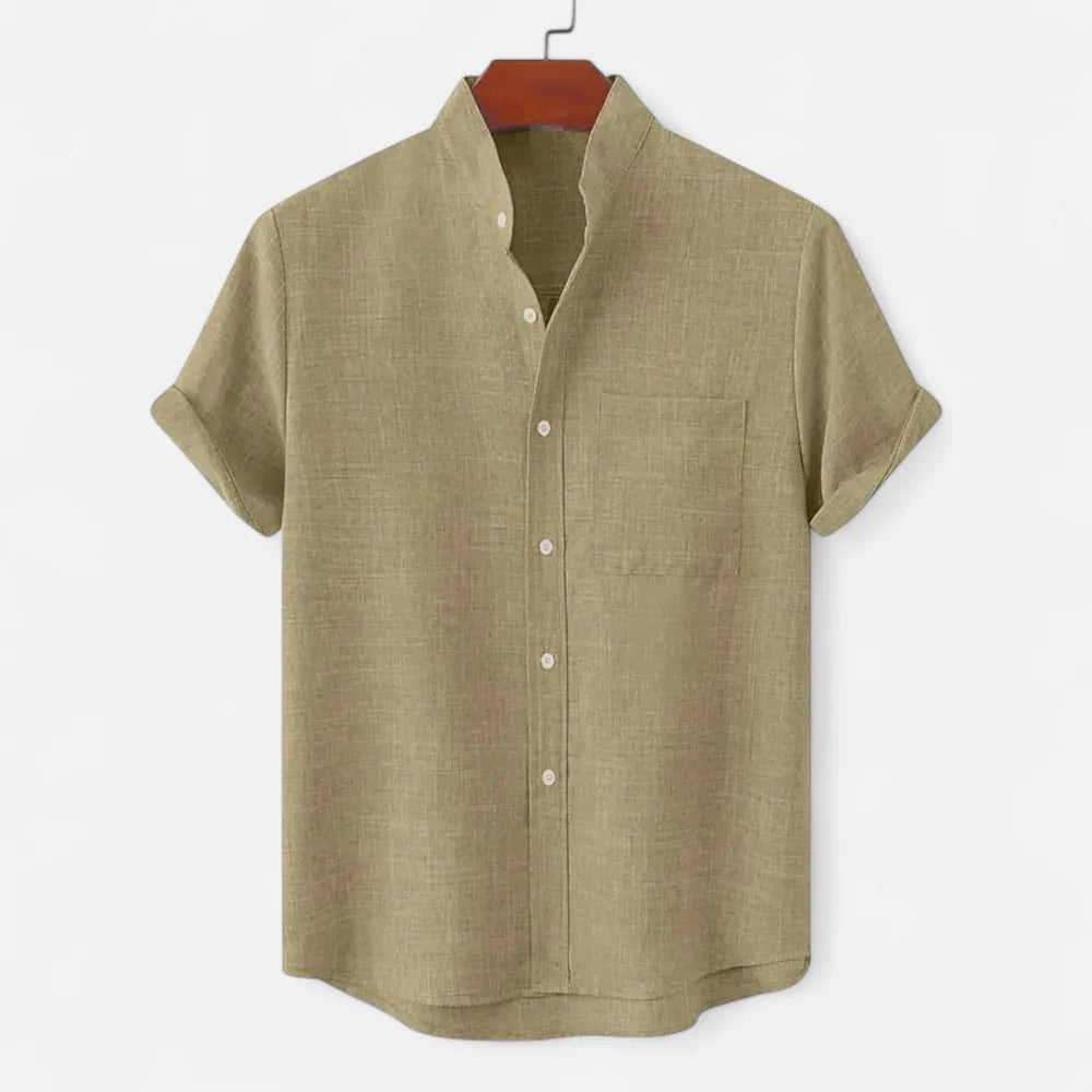 Men's Short Sleeve Shirt with Stand Collar and Chest Pocket