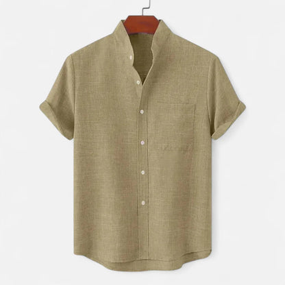 Men's Short Sleeve Shirt with Stand Collar and Chest Pocket