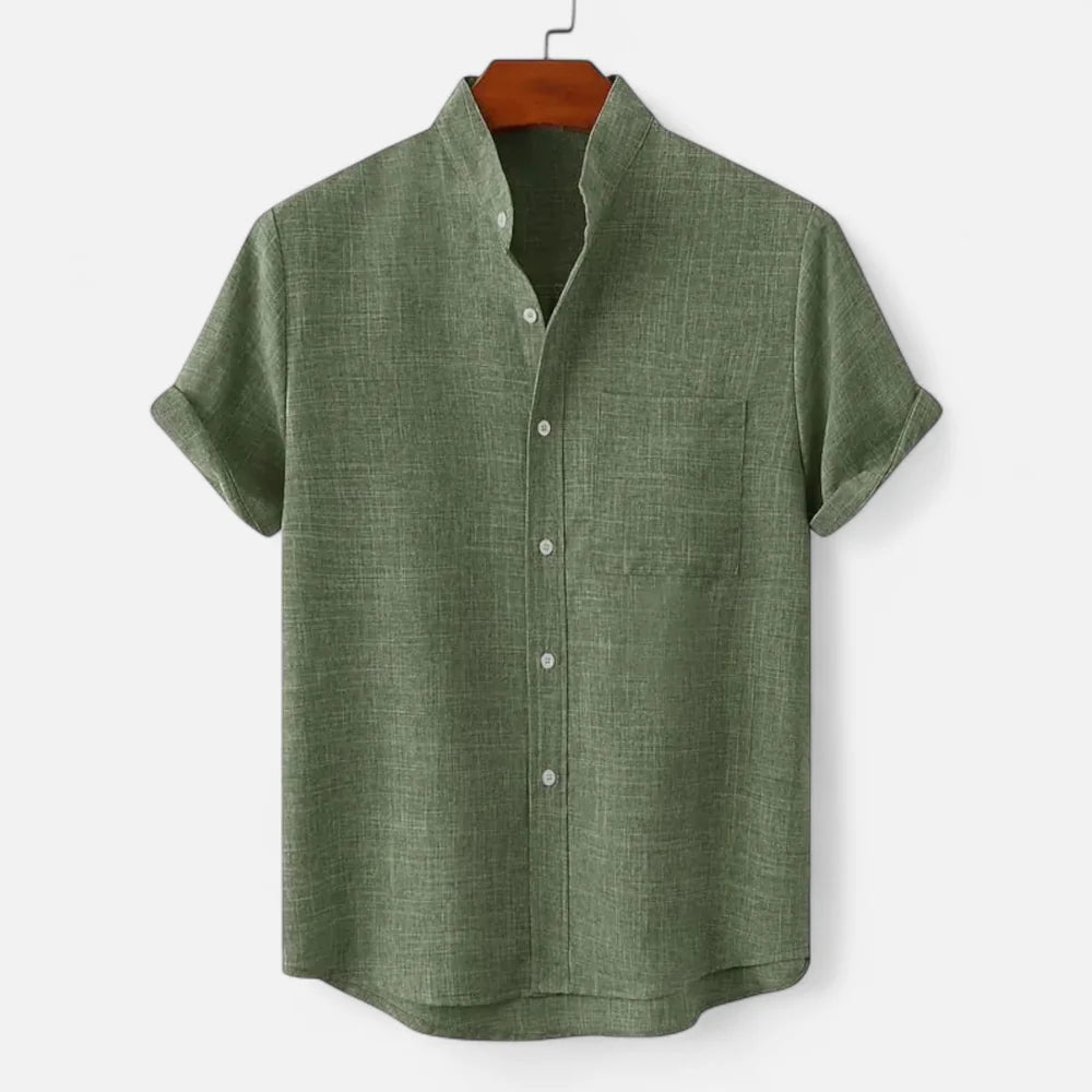 Men's Short Sleeve Shirt with Stand Collar and Chest Pocket