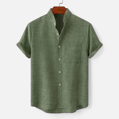 Men's Short Sleeve Shirt with Stand Collar and Chest Pocket