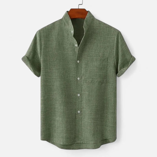 Men's Short Sleeve Shirt with Stand Collar and Chest Pocket