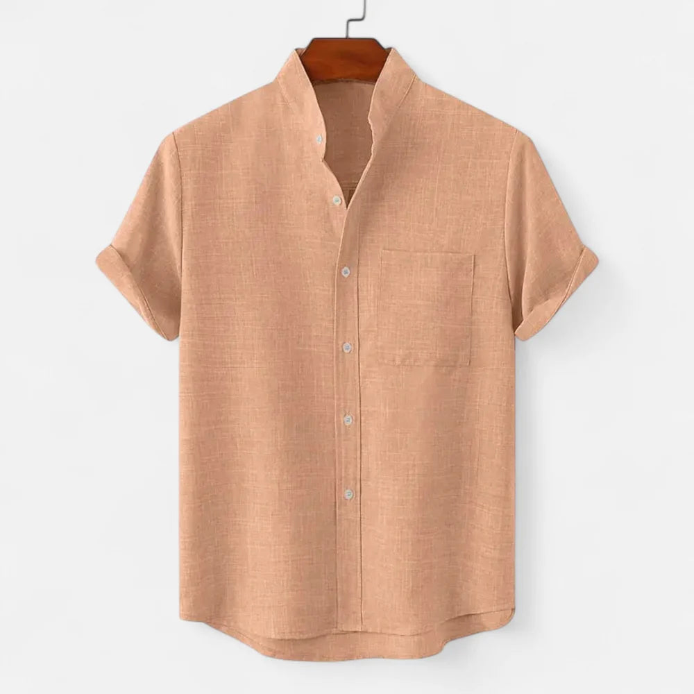 Men's Short Sleeve Shirt with Stand Collar and Chest Pocket