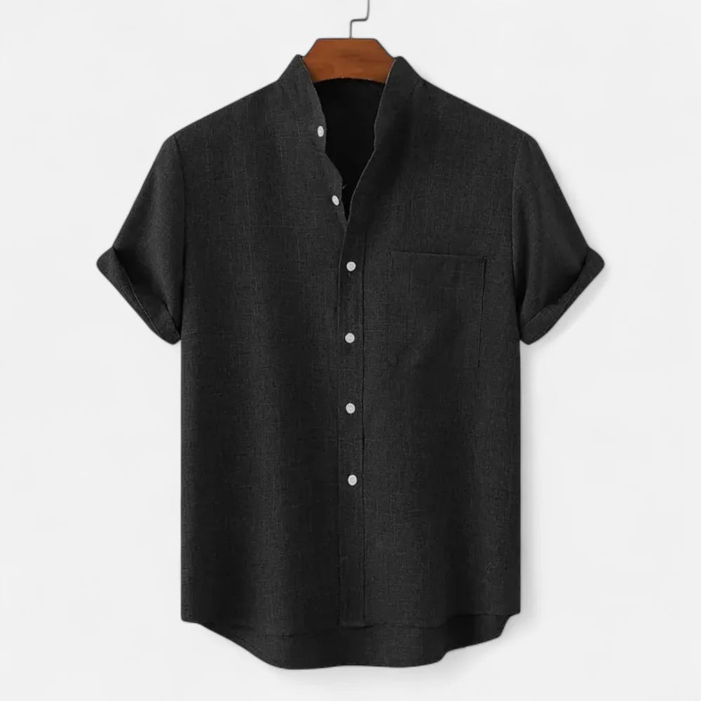 Men's Short Sleeve Shirt with Stand Collar and Chest Pocket