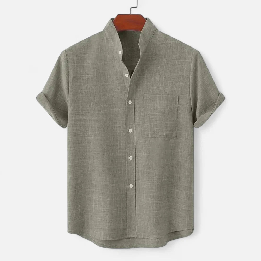 Men's Short Sleeve Shirt with Stand Collar and Chest Pocket