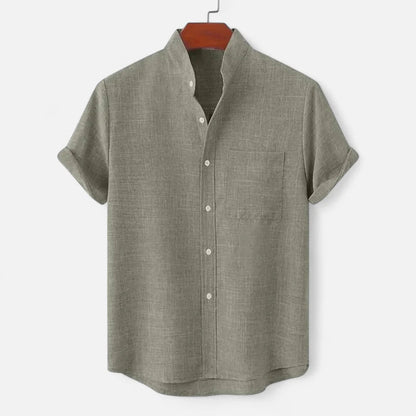 Men's Short Sleeve Shirt with Stand Collar and Chest Pocket