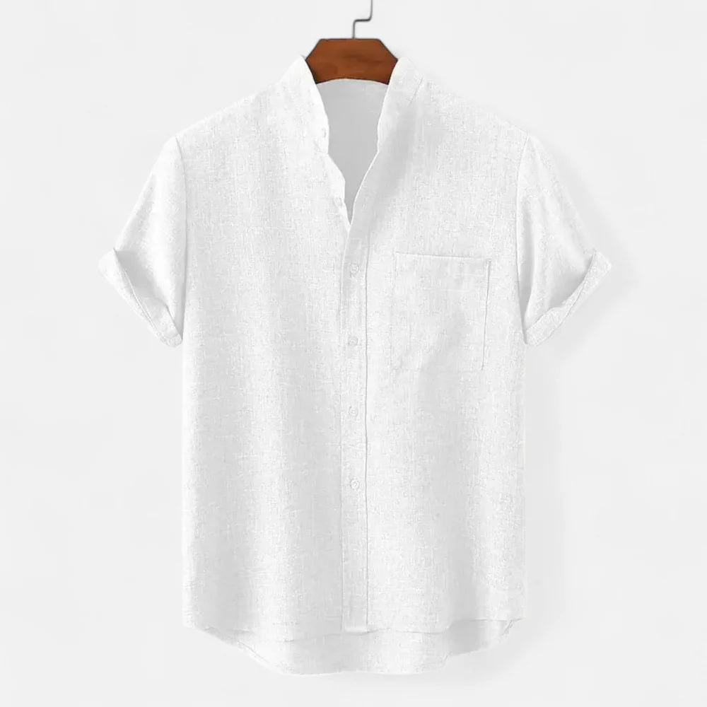 Men's Short Sleeve Shirt with Stand Collar and Chest Pocket