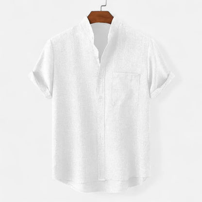 Men's Short Sleeve Shirt with Stand Collar and Chest Pocket