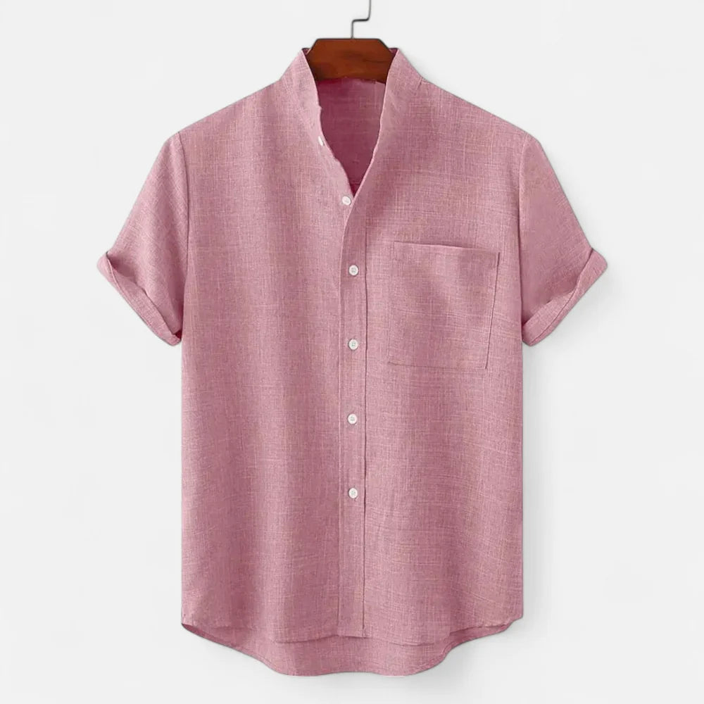 Men's Short Sleeve Shirt with Stand Collar and Chest Pocket