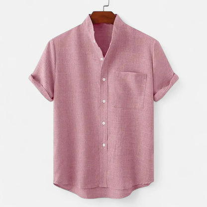 Men's Short Sleeve Shirt with Stand Collar and Chest Pocket