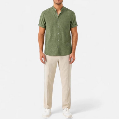 Men's Short Sleeve Shirt with Stand Collar and Chest Pocket