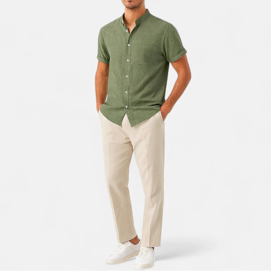 Men's Short Sleeve Shirt with Stand Collar and Chest Pocket