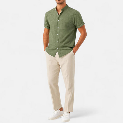Men's Short Sleeve Shirt with Stand Collar and Chest Pocket